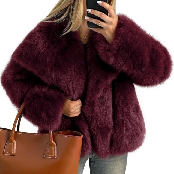 Women's Burgundy Faux Fur Jacket - Size XL - Picture 2 of 5